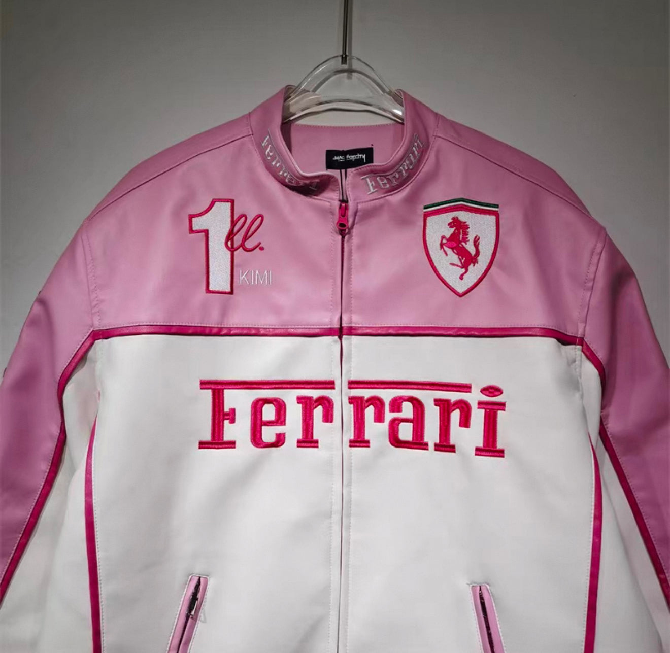 Ferrari Pink & White Leather Jacket – Kimi #1 Edition Racing Style