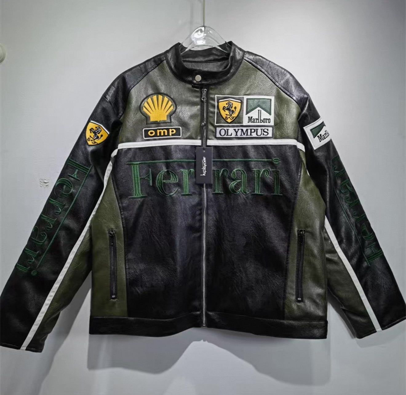 Ferrari Racing Leather Jacket – Black & Green Olympus Edition Motorsport Style