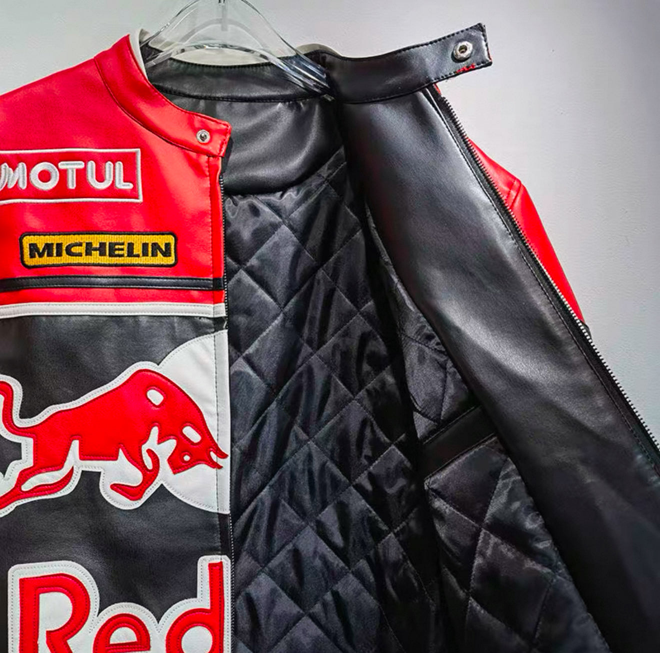 Red Bull Racing Leather Jacket – MotoGP Style Biker Jacket with Sponsor Patches