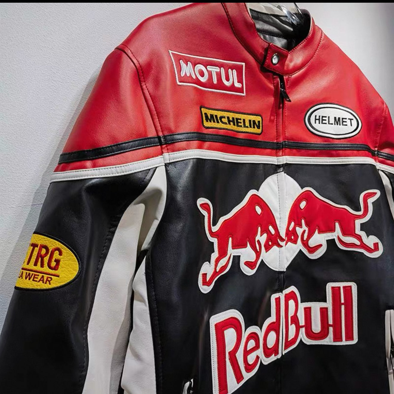 Red Bull Racing Leather Jacket – MotoGP Style Biker Jacket with Sponsor Patches