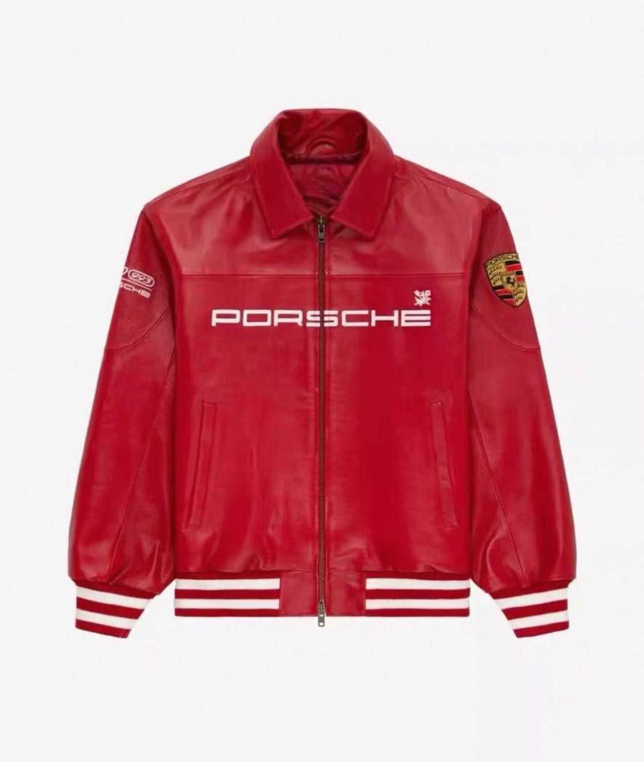 Aimé Leon Dore x Porsche Leather Jacket – Limited Edition Red Motorsport Varsity