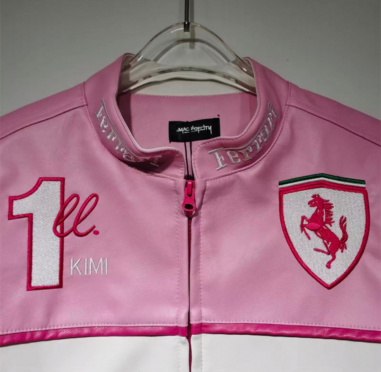 Ferrari Pink & White Leather Jacket – Kimi #1 Edition Racing Style