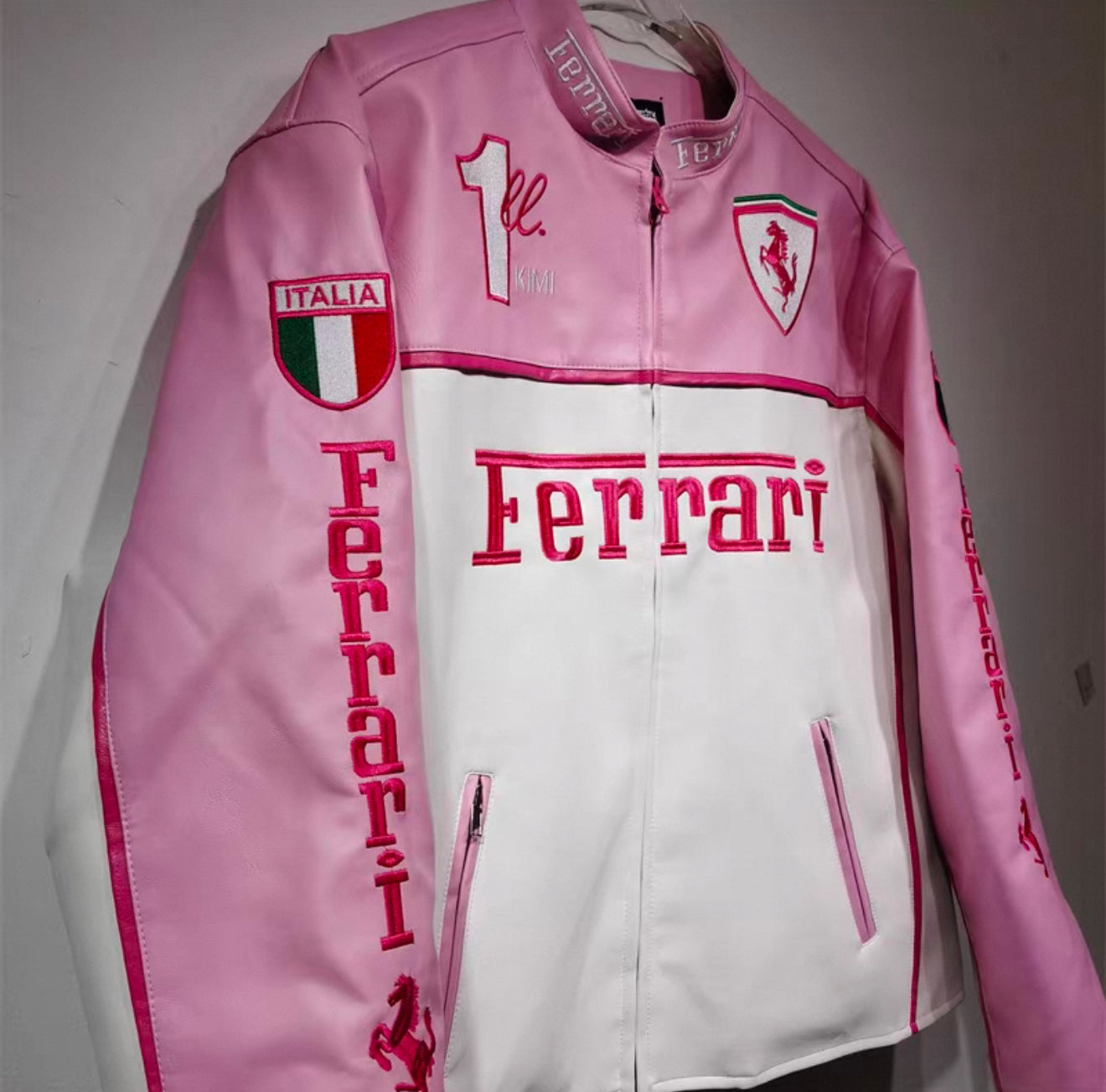 Ferrari Pink & White Leather Jacket – Kimi #1 Edition Racing Style