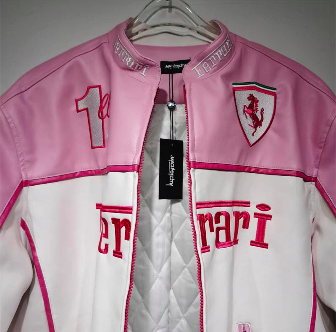 Ferrari Pink & White Leather Jacket – Kimi #1 Edition Racing Style