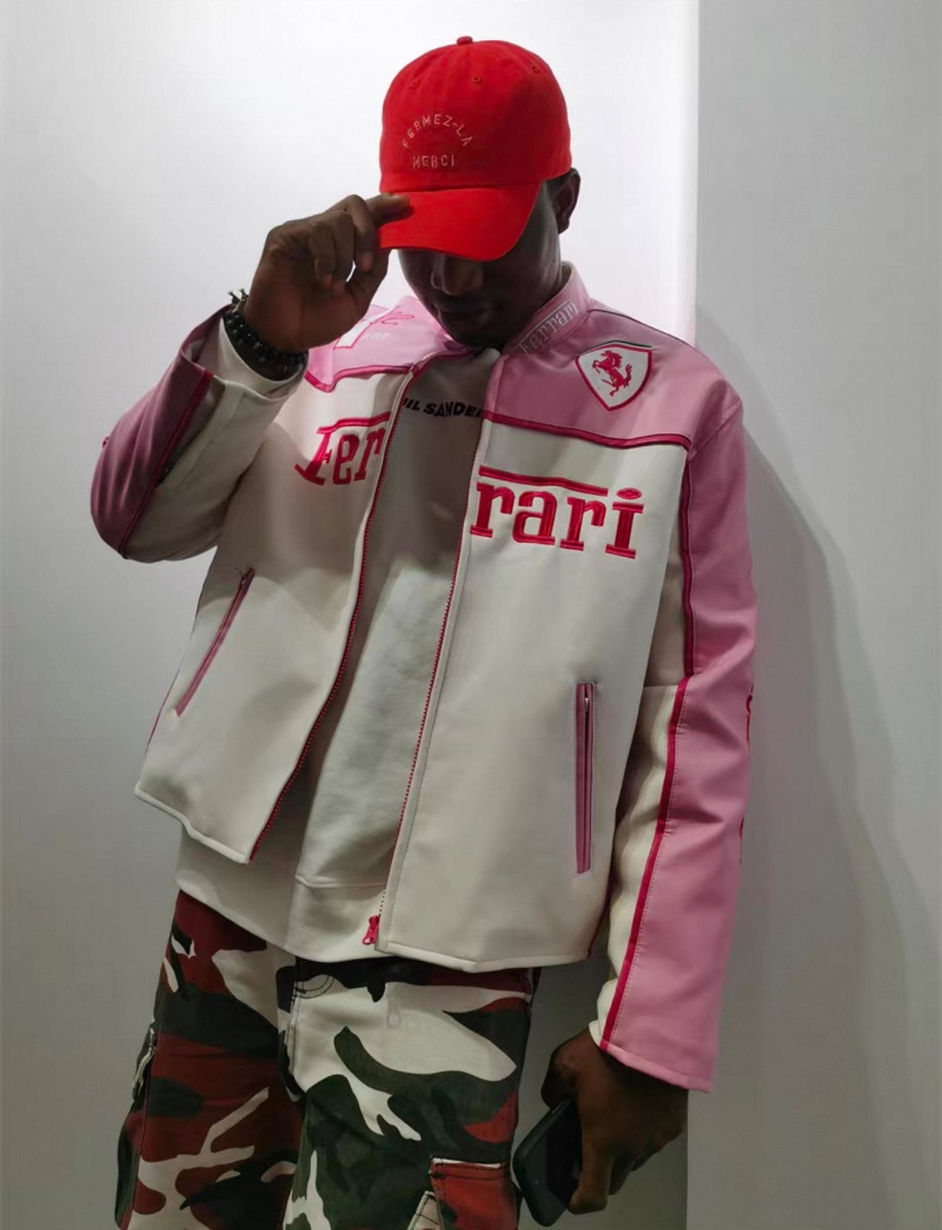 Ferrari Pink & White Leather Jacket – Kimi #1 Edition Racing Style