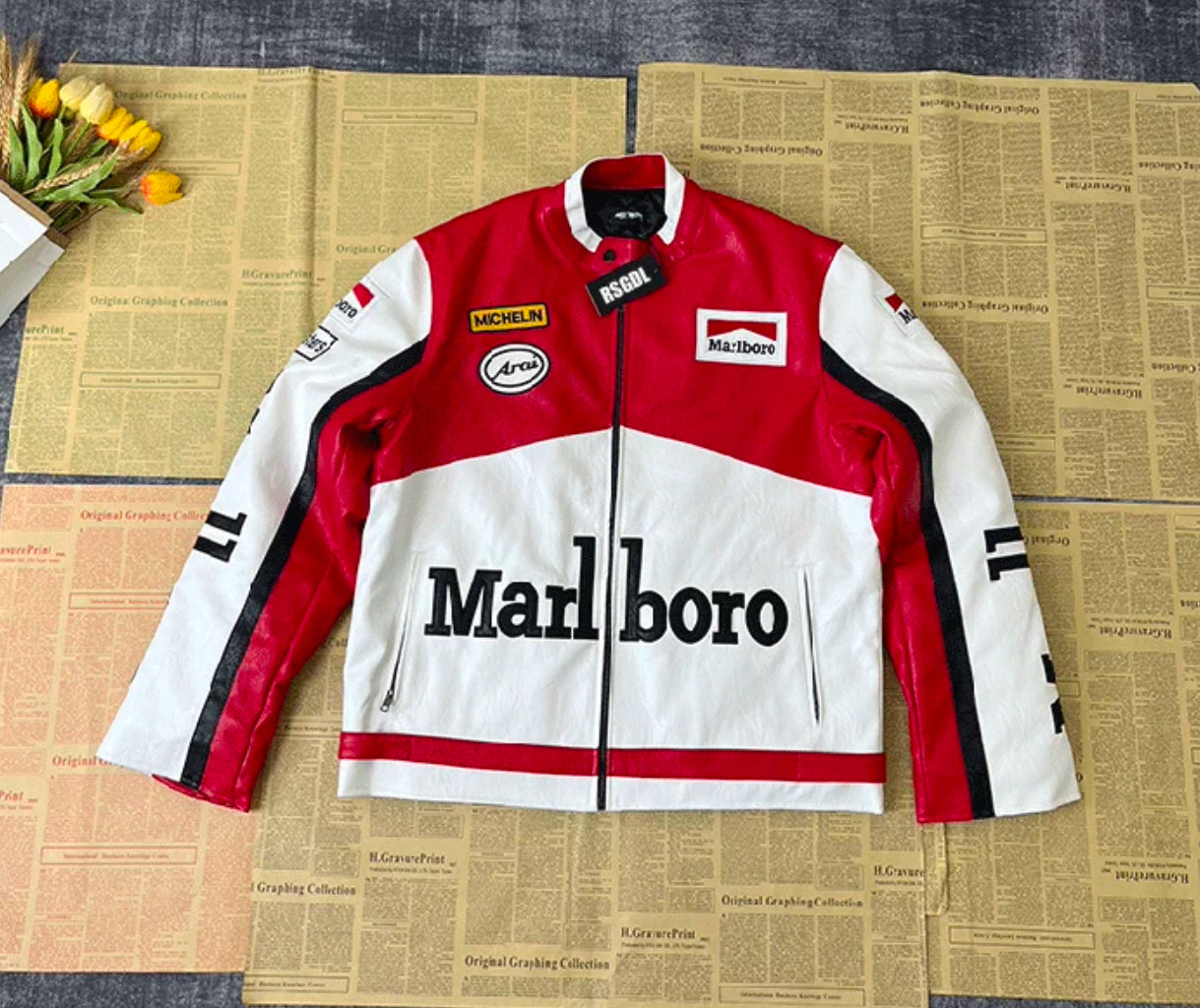 Marlboro Racing Leather Jacket – Retro MotoGP/F1 Style (Red & Brown Variants)