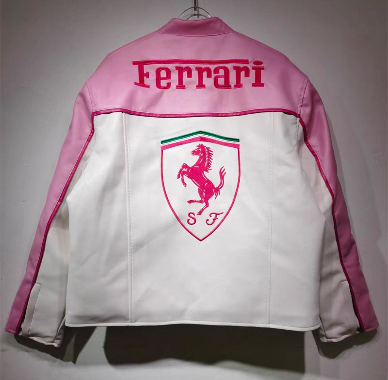 Ferrari Pink & White Leather Jacket – Kimi #1 Edition Racing Style