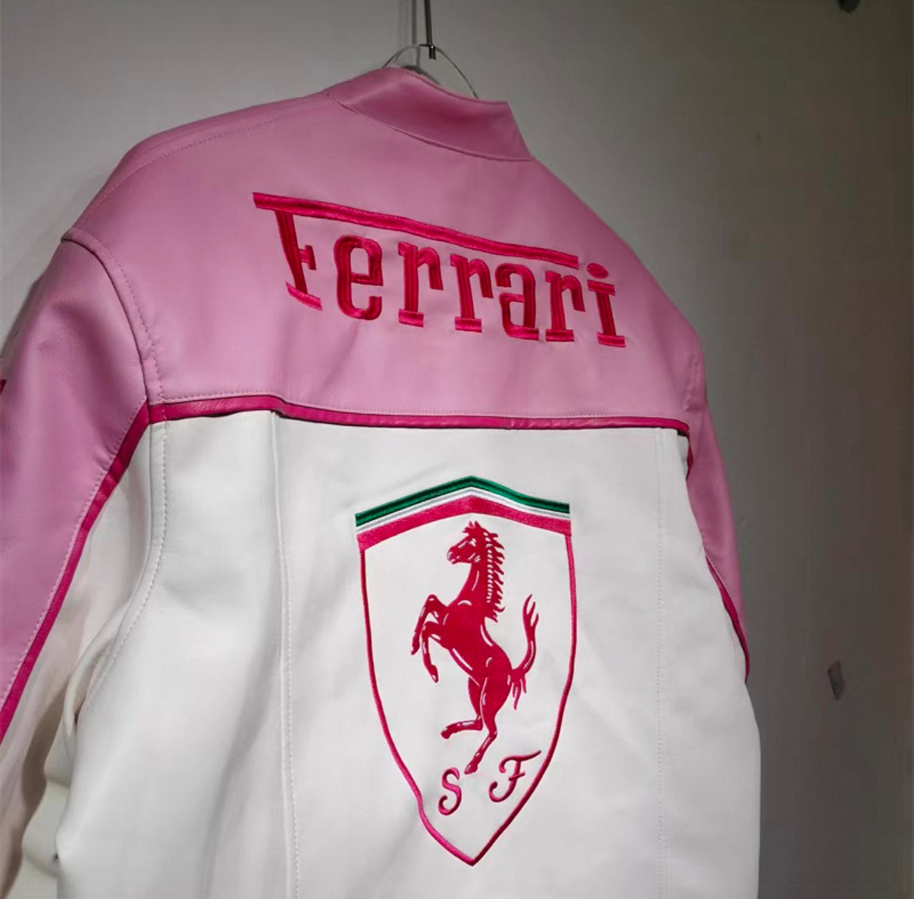 Ferrari Pink & White Leather Jacket – Kimi #1 Edition Racing Style