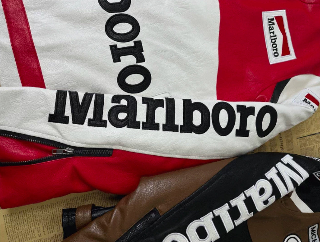 Marlboro Racing Leather Jacket – Retro MotoGP/F1 Style (Red & Brown Variants)