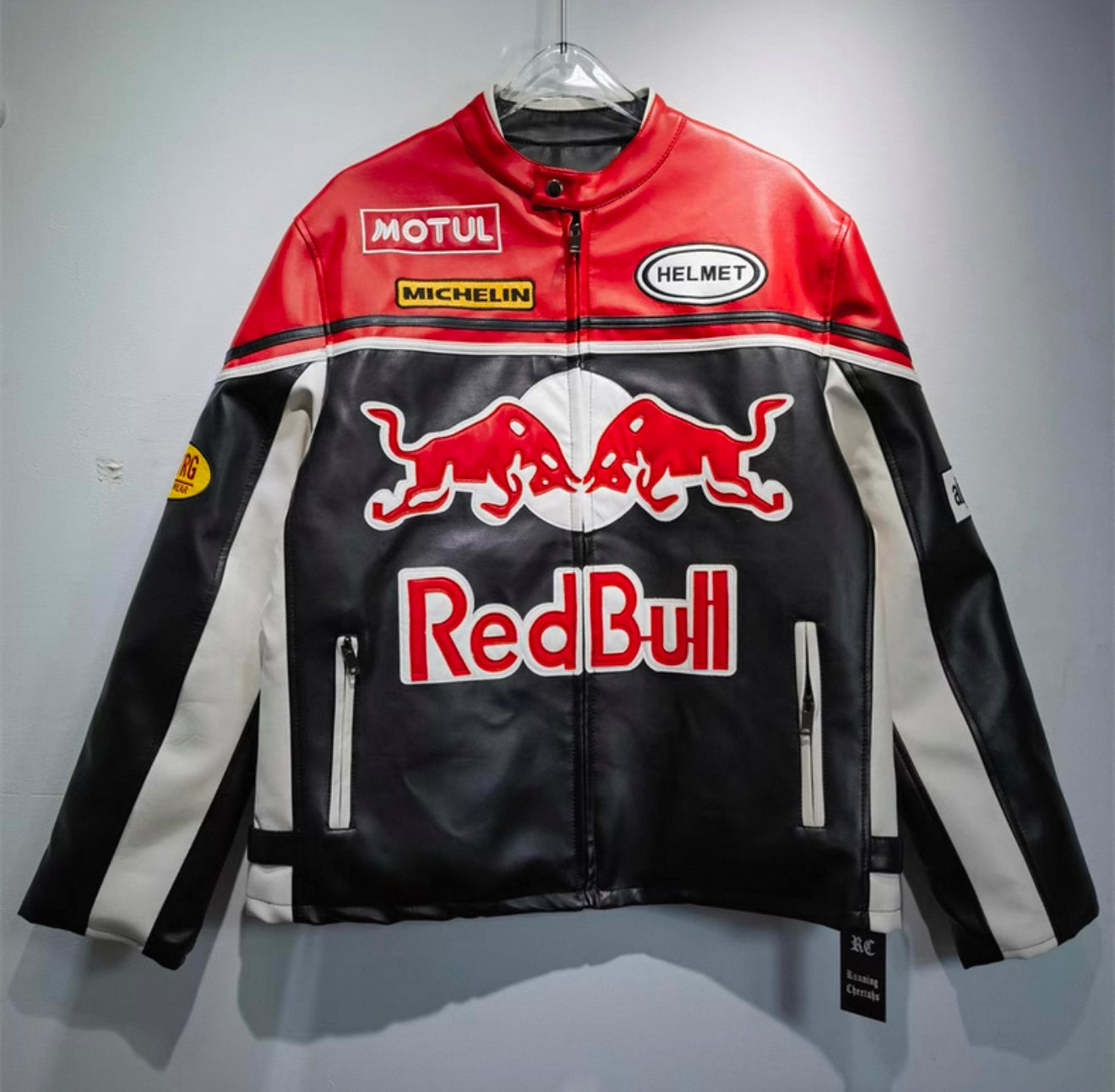 Red Bull Racing Leather Jacket – MotoGP Style Biker Jacket with Sponsor Patches