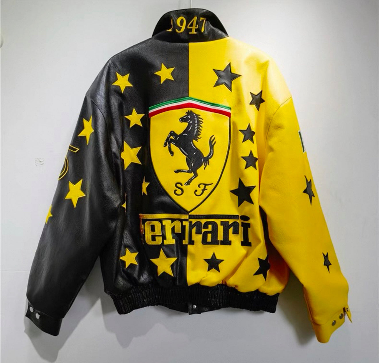 Ferrari Black & Yellow Leather Jacket – Limited Edition Racing Star Bomber