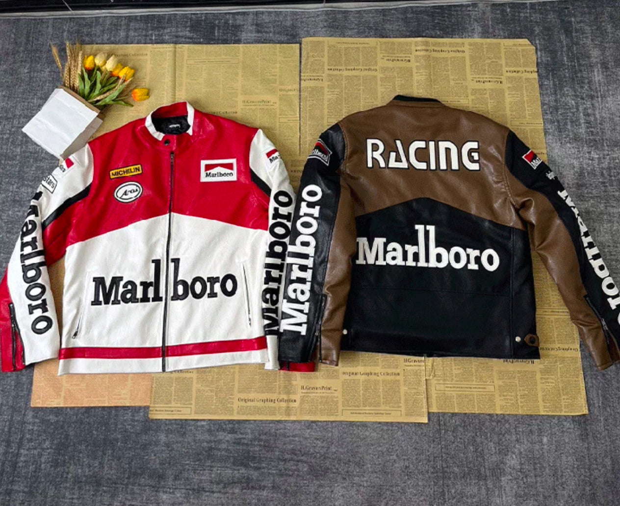 Marlboro Racing Leather Jacket – Retro MotoGP/F1 Style (Red & Brown Variants)