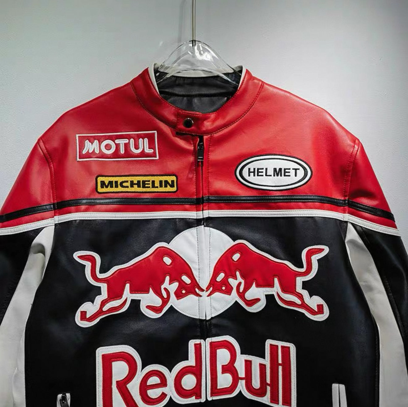 Red Bull Racing Leather Jacket – MotoGP Style Biker Jacket with Sponsor Patches